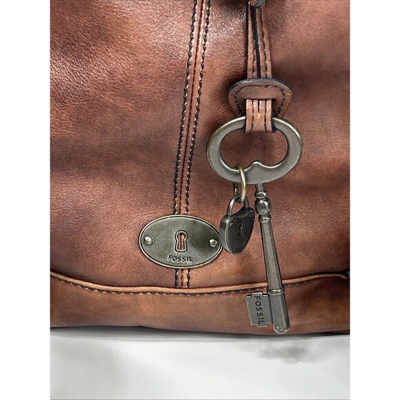 Fossil Genuine Leather Long Live Vintage 1954 Bucket Backpack Brown Key Charm - Picture 13 of 16